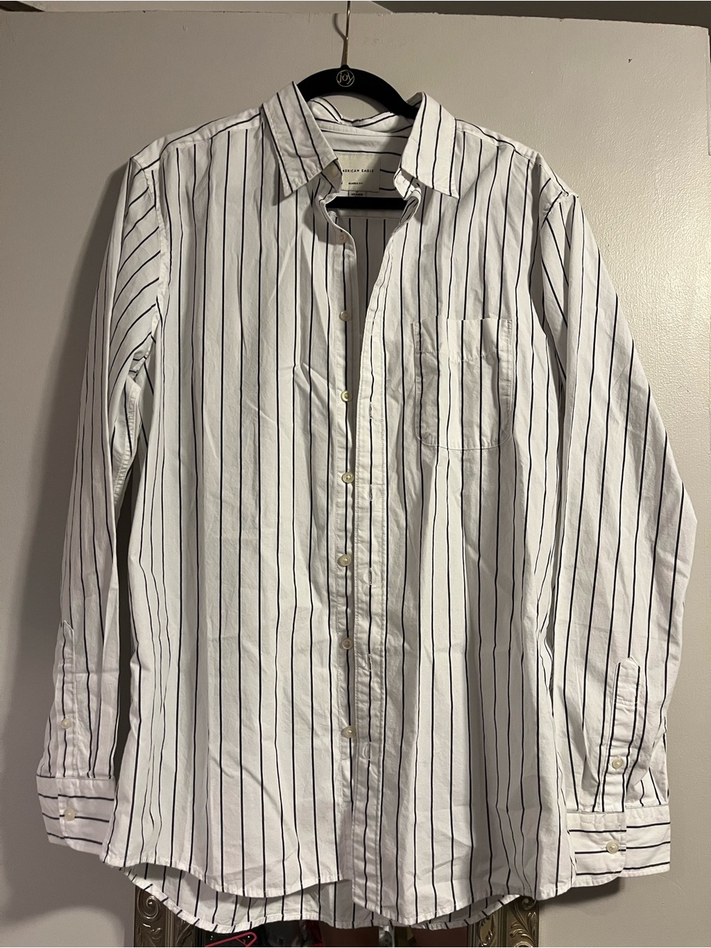 American Eagle Outfitters White Button-Down Shirt with Black Pinstripes